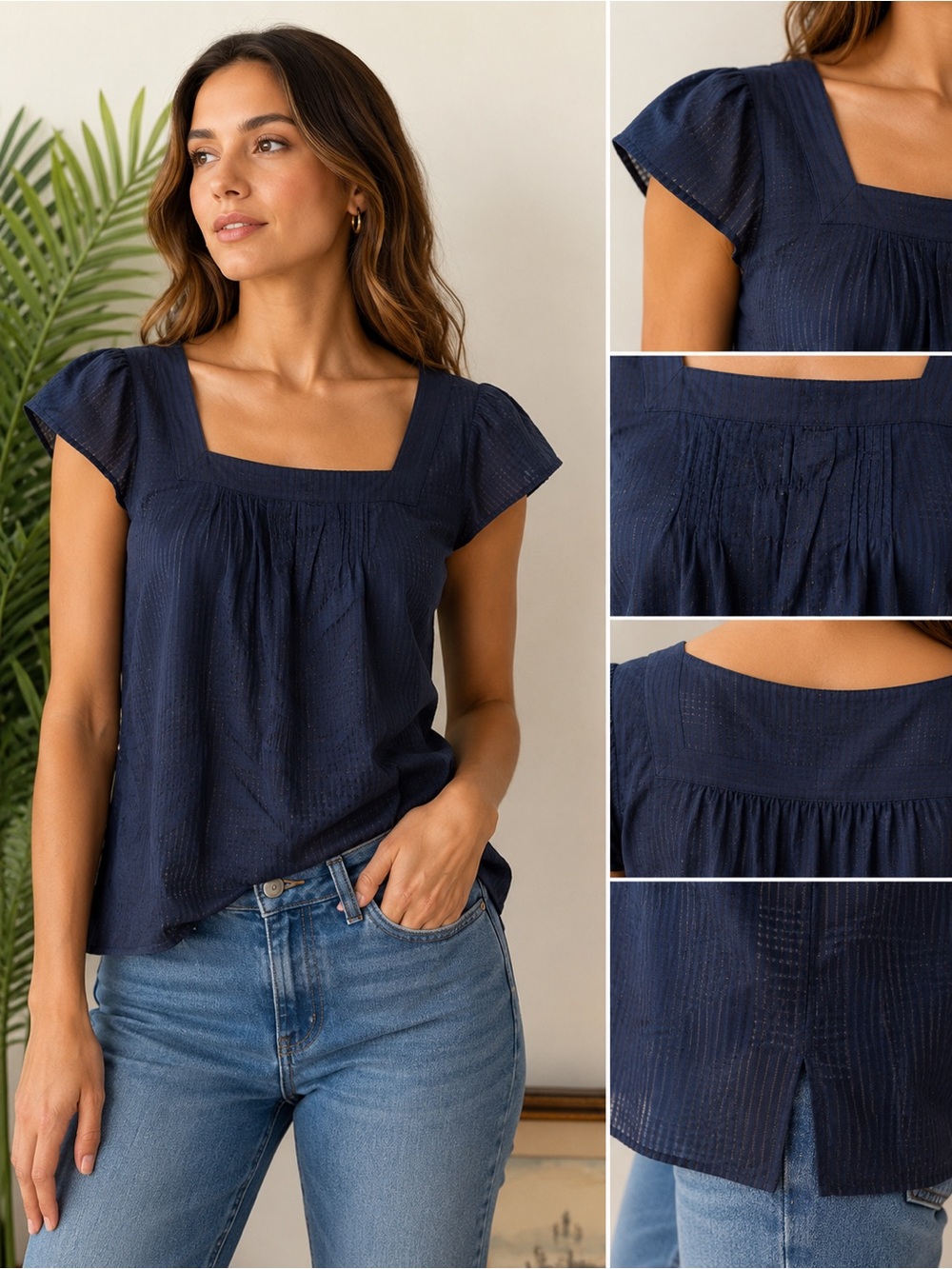 Emma James Dark Navy Square Neck Short Sleeve Blouse, sz 9